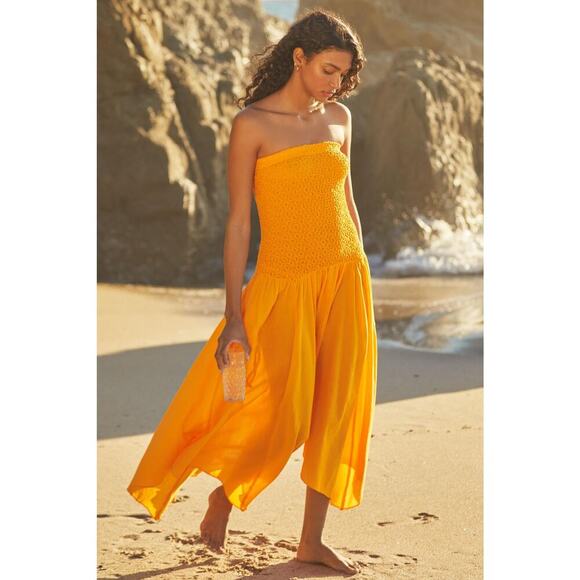 By Anthropologie Strapless Smocked Cover-Up Dress in Orange Size XL New - Picture 1 of 10